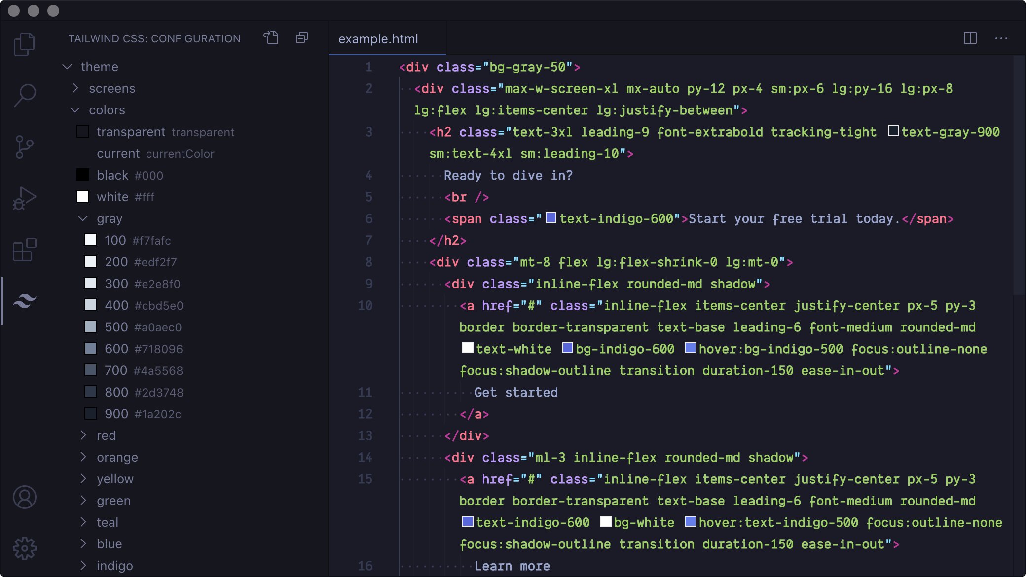 Screen capture showing a VS Code window. Tailwind CSS classes which apply colors have color blocks next to them. There is a panel on the left of the screen which displays your Tailwind config in a tree view.