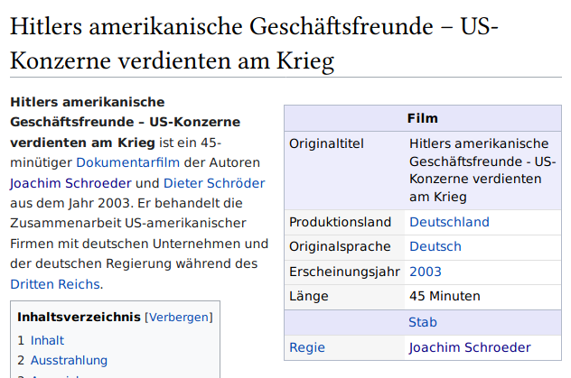 Dieter and Joachim Schroeder, a German journalist and his filmmaker son, put together a documentary titled Hitler's American Business Partners: US Company Earned in the War. However, only the Hungarian release appears on Amazon-owned IMDB.  https://twitter.com/alimjanovitch/status/1295112767482077189