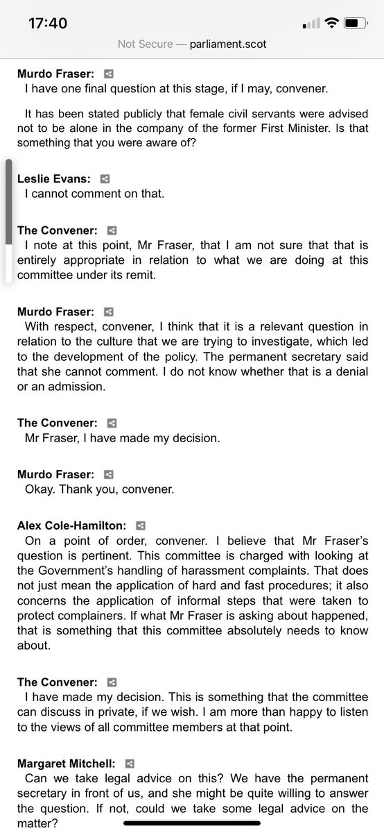 Here is the Official Report of my exchange earlier today with Leslie Evans. I still cannot understand how someone on oath ‘to tell the whole truth’ can refuse to answer a question on a matter of which she clearly has knowledge. I will he pursuing this further.