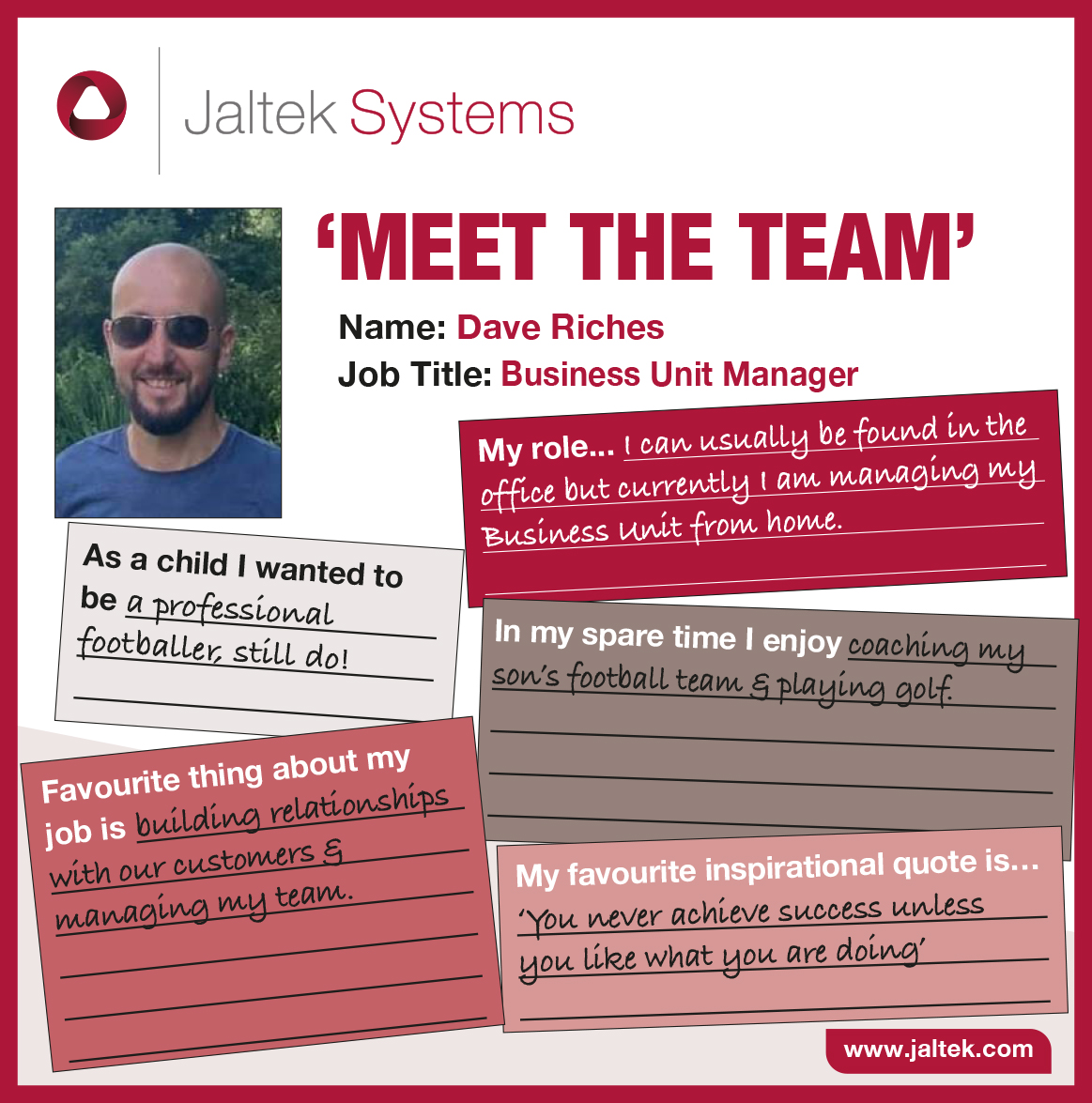 Jaltek_Systems's tweet photo. It's #teamtuesday...!! Up this week we have Dave Riches our very own football coach! When he's not coaching his son's team he's busy managing his team at Jaltek!
#Businessunitmanager #inthespotlight #jalteksteam #ourteam #electronicsmanufacturing https://t.co/BJe4Zj5T7J