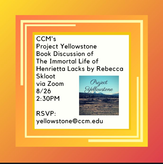 PY_CCM's tweet photo. Join us for a discussion of The Immortal Life of Henrietta Lacks by Rebecca Skloot.
@njhumanities @NEHgov
@CCM_edu #nehcares #publichumanities #njch https://t.co/ecS9FEQHrE