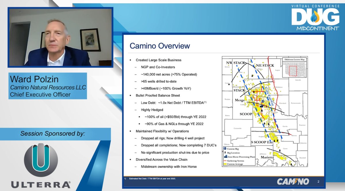 hartenergy's tweet image. "We were lucky to not have to shut in production during the low #oilprice environment of March, April and May," says Camino Natural Resources CEO Ward Polzin at #DUGMidcon. His full presentation: okt.to/s9y0q3