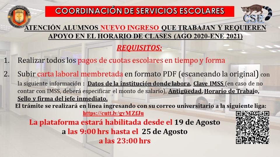 🔵 Atención Alumnos de Nuevo Ingreso que trabajan y requieren apoyo en el horario de clases (AGO 2020-ENE 2021) ⚠️⚠️

¡Revisa los requisitos!

👉👉Inicia el trámite aquí: cutt.ly/gyMZfJu

#BiologíaUANL #PrimerIngreso
