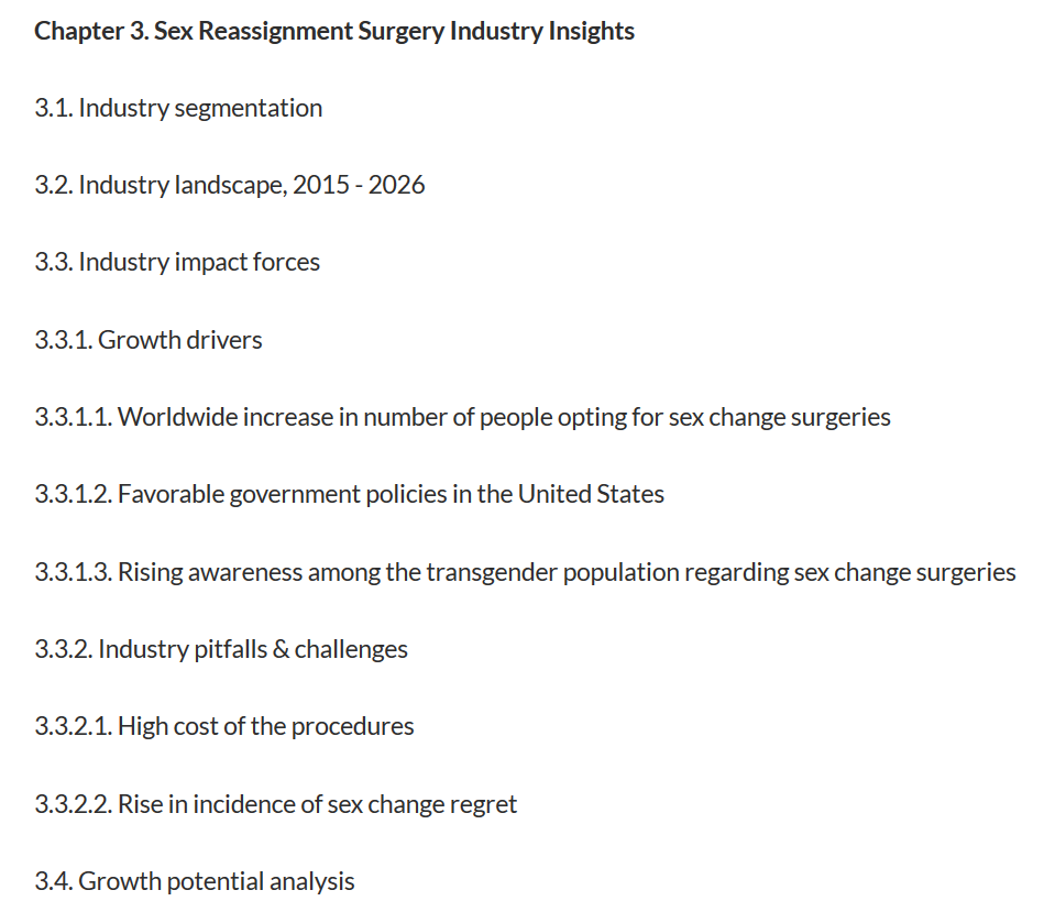 The industry is segmented, depending on the body part to be chopped off; there are growth drivers for more chopping off of body parts (good), but some customers who got body parts chopped off show regret, which could slow market growth for chopping off body parts (bad).