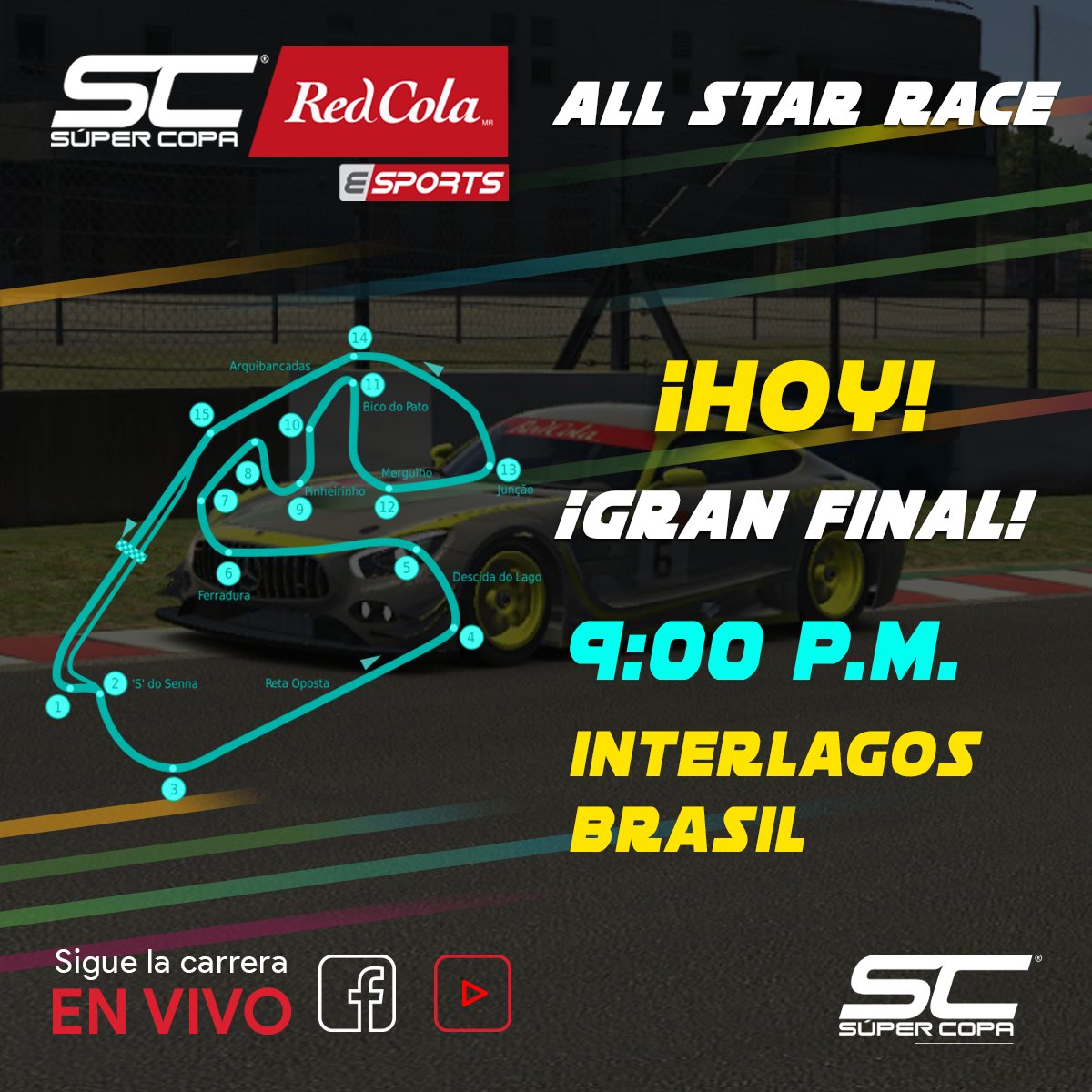 SuperCopaMex's tweet photo. ¡Gran Final hoy 9:00 pm!
No te puedes perder la última carrera del Campeonato #ESportsRedCola donde correrán los mejores pilotos de la Temporada desde el Autódromo de Interlagos Brasil ¡Será una carrera inolvidable!
¡Sigue la transmisión en vivo por nuestros canales oficiales! https://t.co/xeYnELpLCe