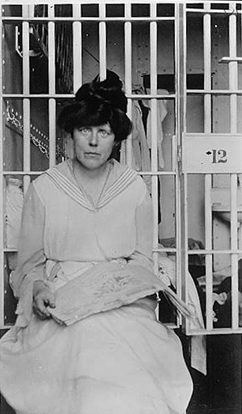 Her cell-mate, Lucy Burns, was forced to stand with her hands handcuffed to the bars over her head. There was an open toilet in the cell that had to be flushed from outside by the guard. “It was as though one were in a zoo with the open bars leading into the corridor.”