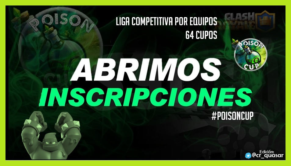 POISON CUP🏆 1ra Edición 🔥⚔️
#ClashRoyale #CR
⬇️| Requisitos:
⚠️| Seguirme y a:
⚠️ <a href="/EsportsTitanes/">Titanes eSports</a>
⚠️ <a href="/_POISONMX/">POISON MX</a> 
⚠️ <a href="/PSMDAVID7/">David</a>
⚠️ <a href="/cr_quasar/">▪Q U A S A R▪🌻 🇵🇪 🇲🇽</a>
⚠️ @Alexander_ASVA
⚠️ <a href="/cacjlalo/">EC</a>
⚠️ Mencionar a 2 equipos

🏆 Edicion Gratuita sin Premio
🙋‍♂️Cupo para 64-128 equipos

Pruebas al MD📩