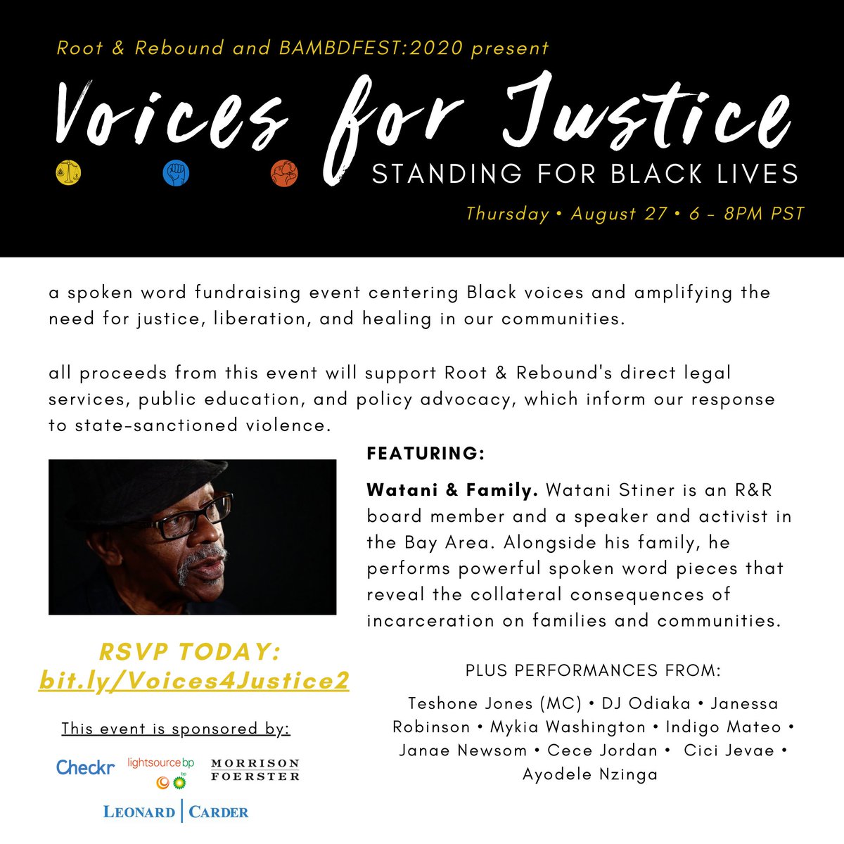 Lightsourcebp's tweet image. We’re sponsoring @ROOTandREBOUND’s virtual spoken word fundraiser, “Voices for Justice: Standing for Black Lives.” This event is part of @bambdfest, a festival celebrating the Black Arts Movement— hope to see you there, 8/27, 6-8pm PST!
 
RSVP: bit.ly/Voices4Justice2