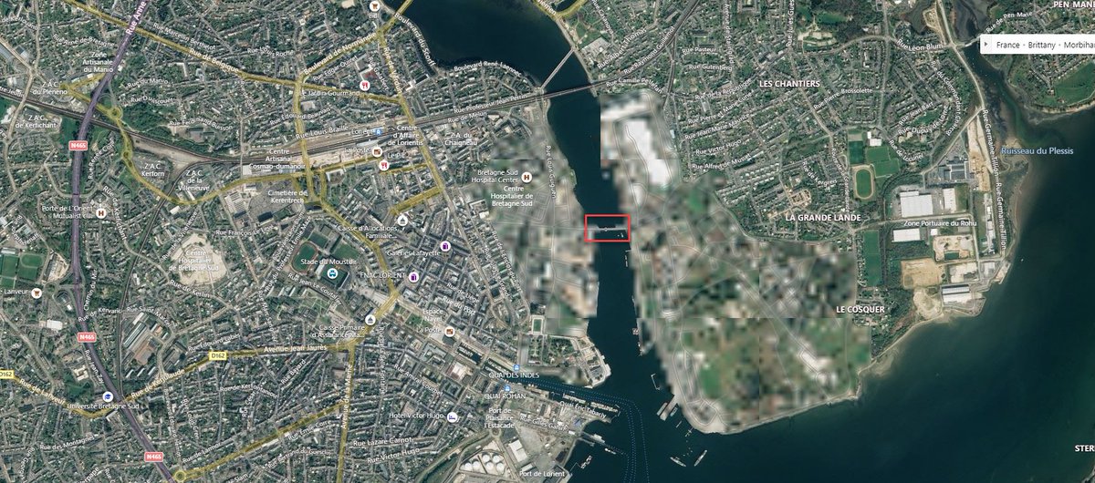 I checked a French naval base in Lorient that is pixelated in Bing Maps (which is where  #MSF2020 is pulling its sat images). The result: I think it's "pixelated" in the game, too! Notice the low density of buildings in the pixelated area in the game.