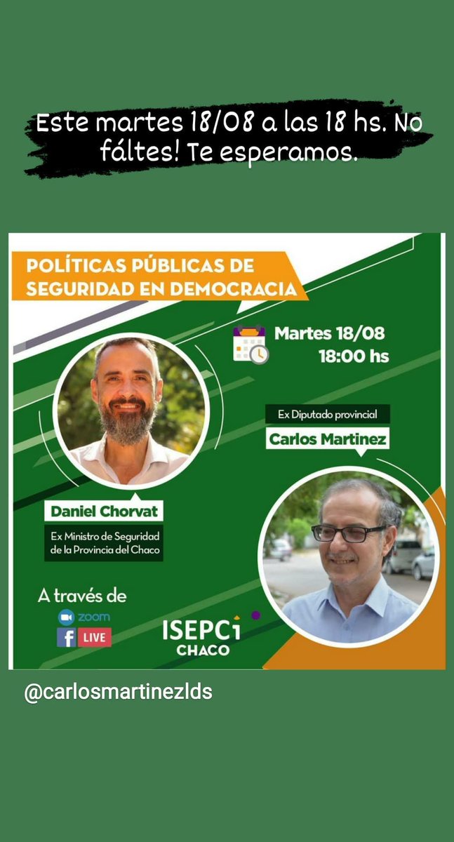 Esta tarde a las 18 hs te espero para charlar sobre políticas de seguridad pública junto al ex ministro de seguridad del Chaco, el amigo @danichorvat. Entrá a la página del facebook de Isepci Chaco y participá!