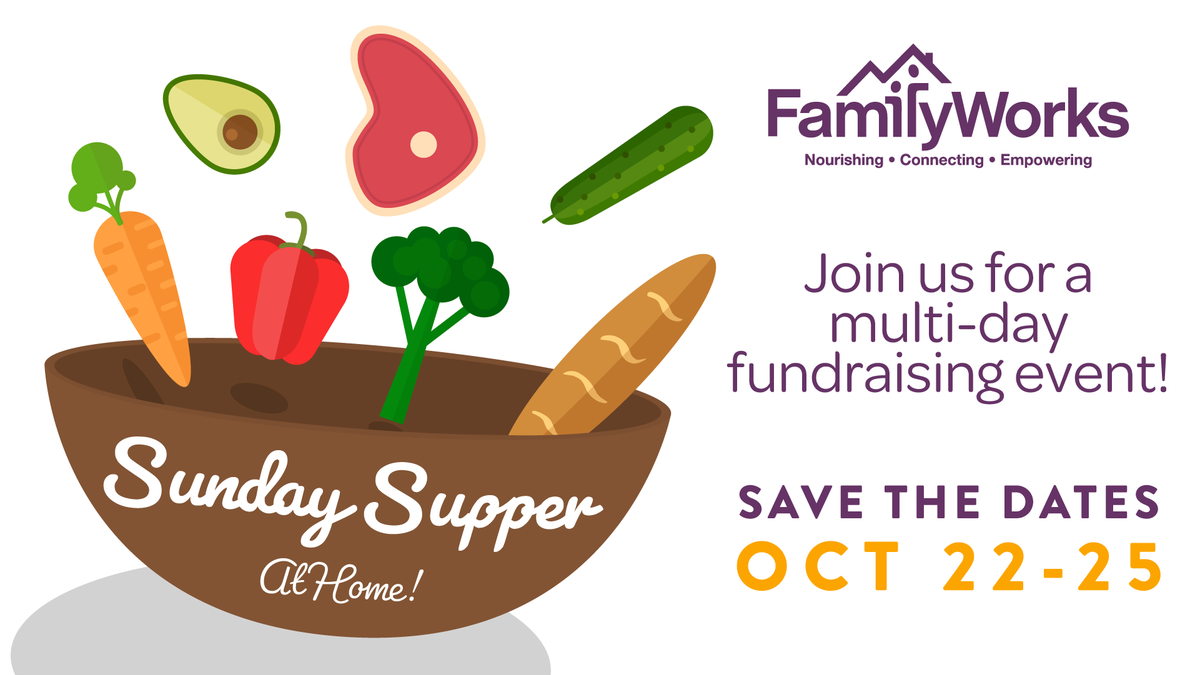 FamilyWorks's tweet image. We're excited to announce the 2020 Sunday Supper, a multi-day fundraising event starting Thursday, October 22, and culminating in a virtual live event on Sunday, October 25. We hope you can join us! bit.ly/2020sundaysupp…