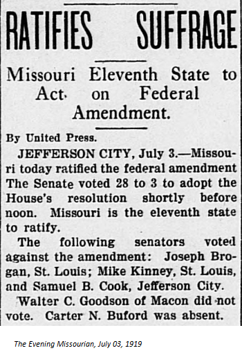 MISSOURI (July 3, 1919)“Missouri must take the lead in this long-deferred justice to the state and the nation,” Gov. Frederick D. Gardner on June 12, 1919 calling for special session https://chroniclingamerica.loc.gov/lccn/sn89066315/1919-07-03/ed-1/seq-1/ https://twitter.com/greggiroux/status/1146461660145750017?s=20