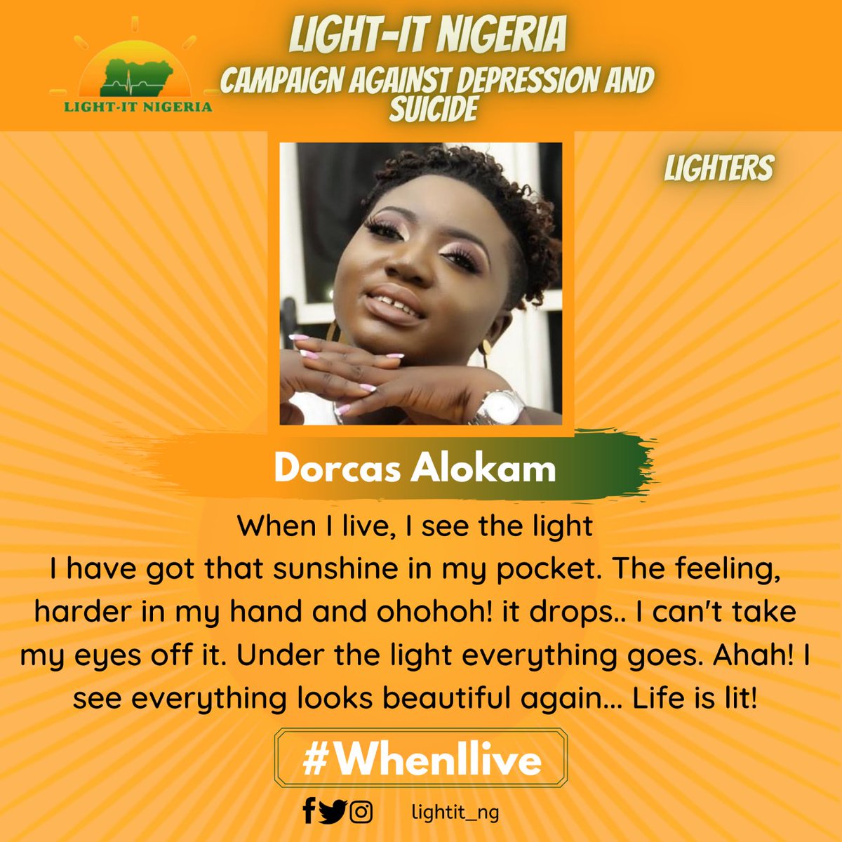 LightIt_NG's tweet photo. DAY 7
SAYING NO TO DEPRESSION AND SUICIDE
@dorcoskitchen refuses to take her eyes offthe light, till she sees everything lit again!
#mentalhealth #mentalhealthawareness #mentalhealthmatters #notodepression #notosuicide #suicidepreventionmonth
#WhenILive #optimism
#Lighters https://t.co/TShgEszlPf