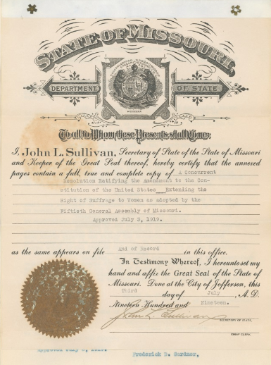 MISSOURI (July 3, 1919)“Missouri must take the lead in this long-deferred justice to the state and the nation,” Gov. Frederick D. Gardner on June 12, 1919 calling for special session https://chroniclingamerica.loc.gov/lccn/sn89066315/1919-07-03/ed-1/seq-1/ https://twitter.com/greggiroux/status/1146461660145750017?s=20