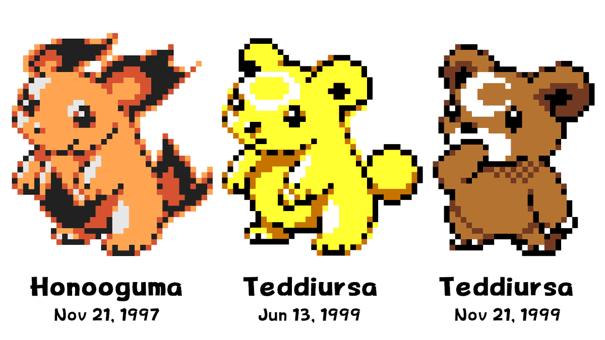 DrLavaYT's tweet photo. Recycling Lost Pokemon:

In Gold &amp; Silver's 1997 demo, the original Fire starter was a bear named Honogooma. He was later replaced with Cyndaquil, but his design survived in the form of another Johto bear -- over the next two years of development, he gradually became Teddiursa. https://t.co/b6tC7N8klN