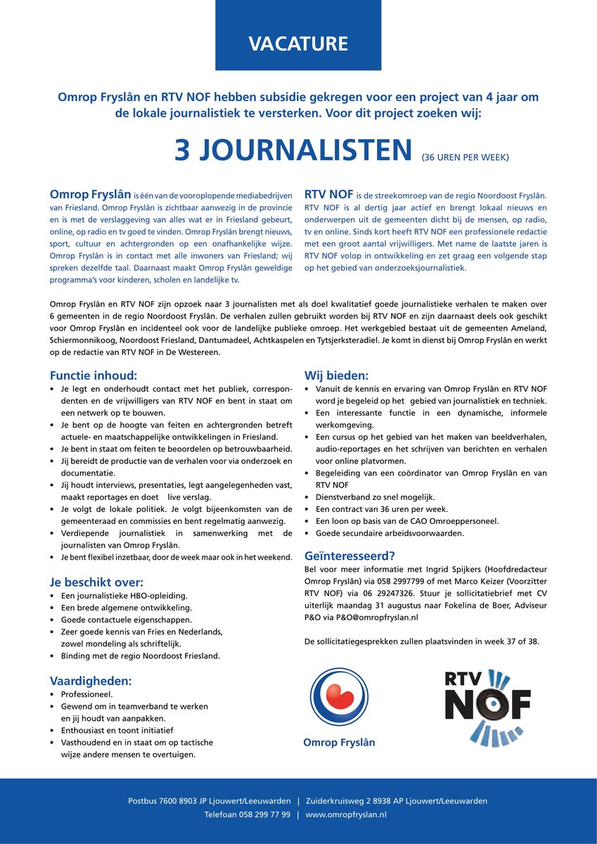 RTVNOF's tweet photo. VACATURE: Samen met @OmropFryslan is @RTVNOF op zoek naar drie journalisten in Noordoost Fryslân. 💻🎥🎤                 Meer info ▶️ https://t.co/BTRsEHGqJI https://t.co/mtbVaDnh0A