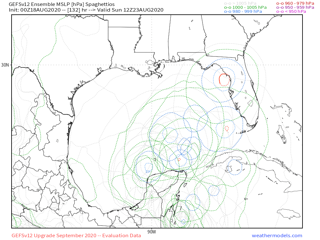 After some confusion with my initial tweet, here's another attempt to show the EPS/GEFS split a different (hopefully clearer) way.If you got up this morning and saw GEFSv12 data, you'd see that by Sunday AM  #97L most likely is TD/TS but there's an outside chance it's stronger.