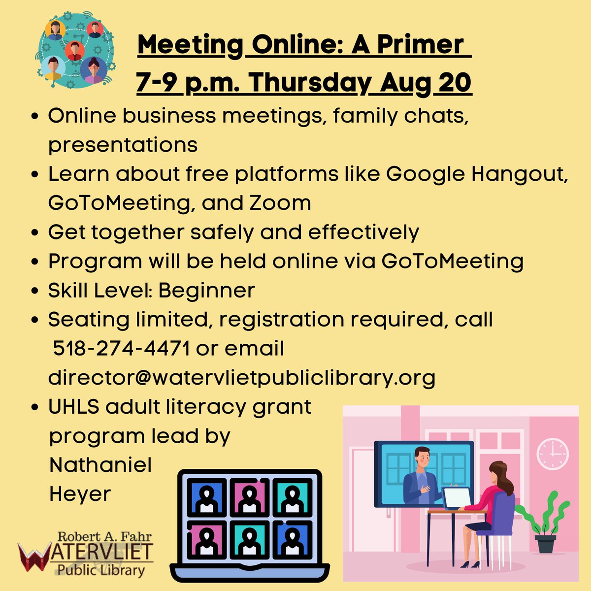 WTVLTPubLibrary's tweet photo. If you want to learn more about meeting online, check out this class being offered as part of an adult literacy grant on Thursday. Registration is required. #weloveourlibrary https://t.co/w7eCTfTVQU