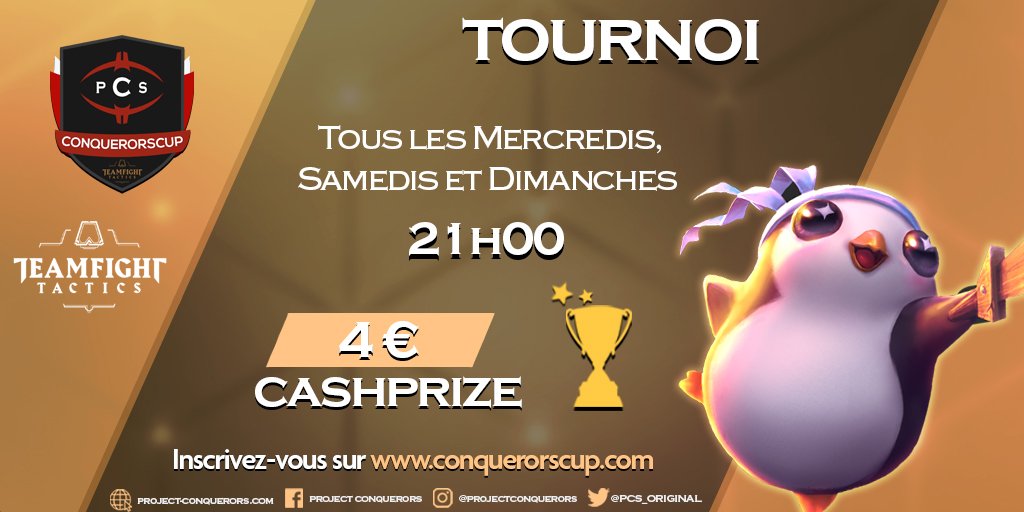 📢#Tournois
Tournois TFT !

⏰ Mercredi, samedi et dimanche 21h #tournoi tft 
🎁 4€ à gagner
🖱️ conquerorscup.com (#TFT, LOL,#LoR, #VALORANT, #RL,...)

<a href="/RT4FRENCH/">FrenchRT</a>