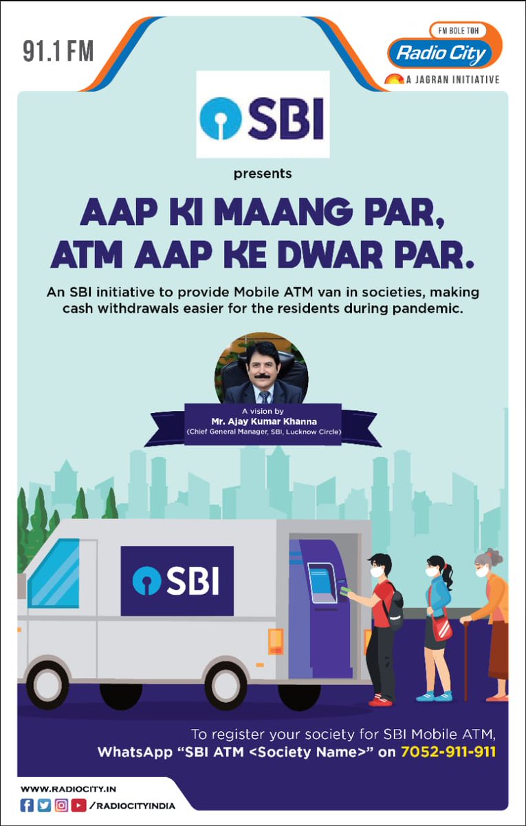RjNaaz's tweet photo. #SBI and #radiocity presents "aapki maang par, ATM aapke dwar par"
Register your society on our watsapp number 7052911911 today !!
@AjayKhannaSBI https://t.co/PvDN6MrhXs