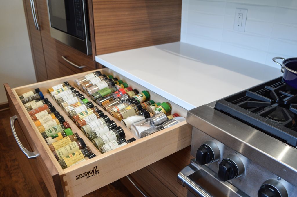 Studio76Kitchen's tweet photo. How do you organize your spices? In an upper cabinet where they get lost in the shuffle? Consider a spice drawer for an awesome upgrade! https://t.co/UfL3aMWQPy