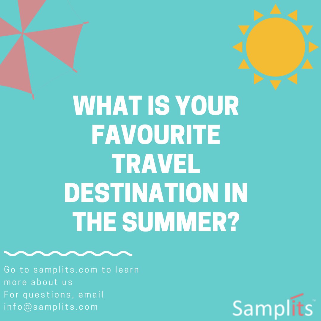 Samplits's tweet photo. Although Covid-19 has disrupted our summer plans, that doesn't mean that we can't talk about it. What are some of your favourite travel destinations in the summertime? Let us know in the comments below.
#samplits #samples #marketing #marketingstrategy #brand #travel #summer https://t.co/WiRN5m88Fg