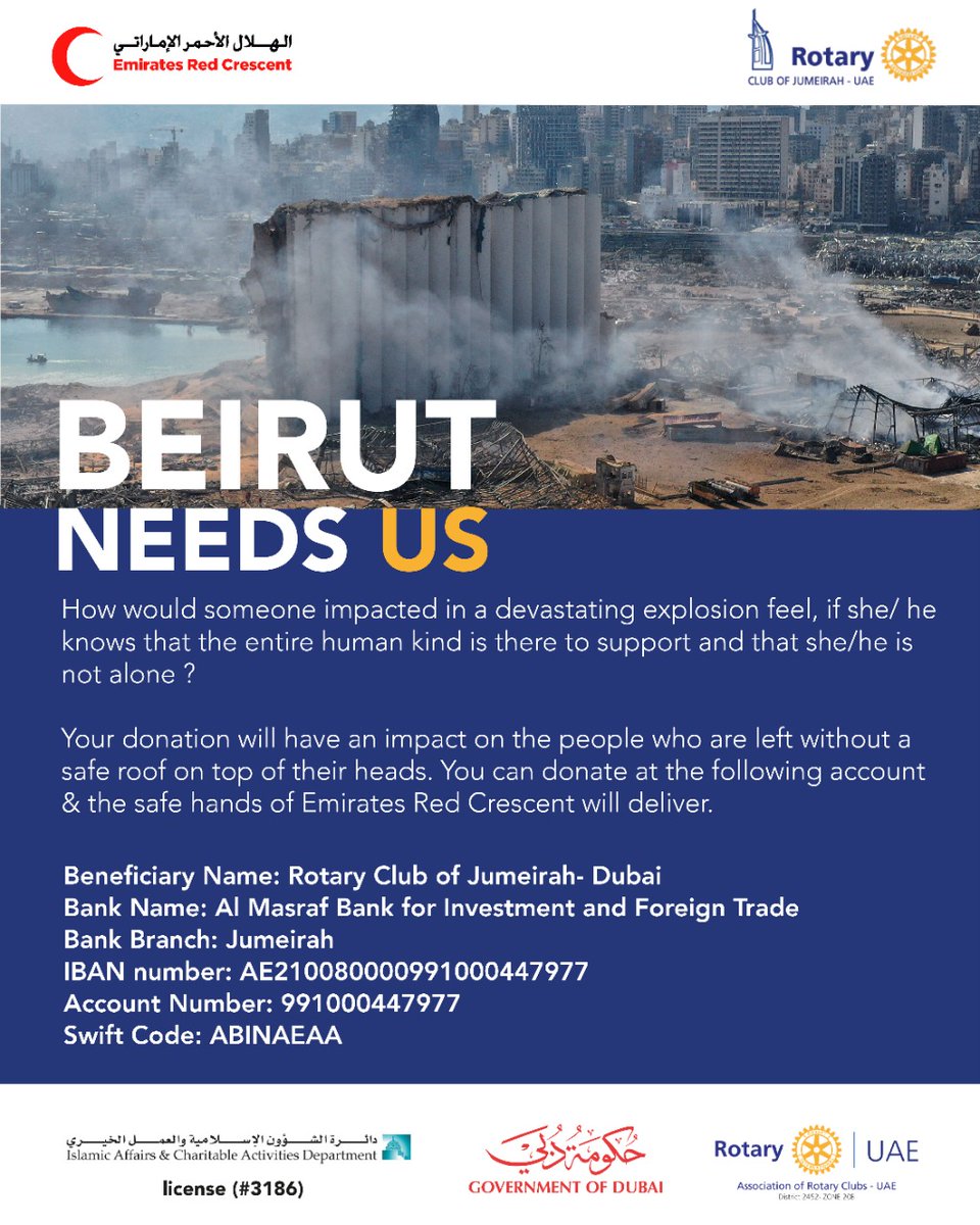 RotaryJumeirah's tweet photo. How would someone impacted in a devastating explosion feel, if she/ he knows that the entire human kind is there to support and that she/he is not alone?

#SupportLebanon #SupportBeirut https://t.co/m8N4Im7Tqa