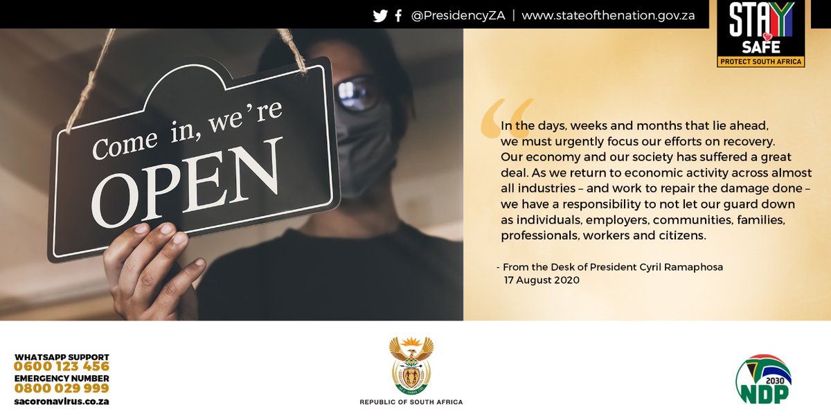 PresidencyZA's tweet photo. Though the number of new coronavirus cases continues to decline &amp; many lockdown restrictions have been lifted, President @CyrilRamaphosa has urged South Africans to remain cautious &amp; vigilant. Read more in the President’s weekly message: https://t.co/c8vactzLaZ https://t.co/cLe6vO1osF