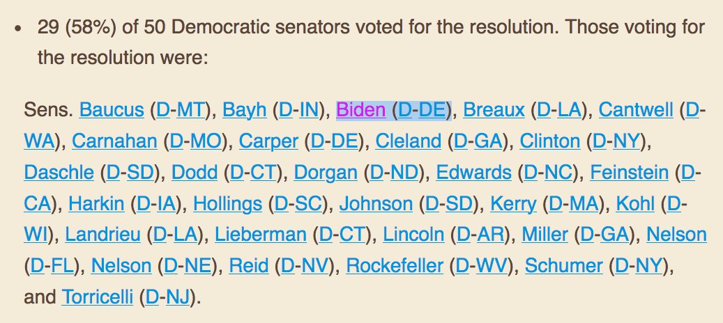 All your favorite Senators voted to let GW Bush invade Iraq, including Joe Biden, Hillary Clinton, Chuck Schumer, even John Kerry! Who knew, right?