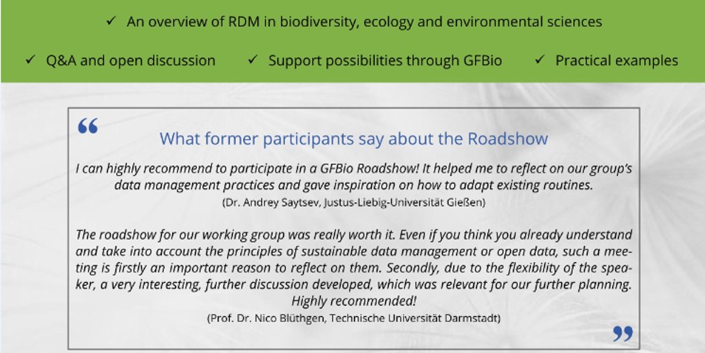 GFBio_eV's tweet photo. Do you find it challenging to manage your #biodiversity and #ecology #researchdata ?
"Book” our online #GFBioRoadshow via
https://t.co/FQmGkKkIR4
More information: https://t.co/UlCdBUgazD https://t.co/avYxfgdopl