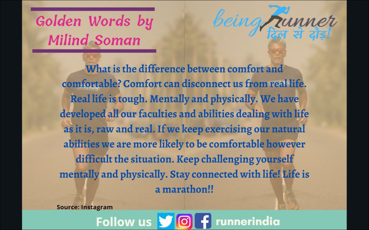 runnerindia's tweet photo. #marathon #run #running #runner #goldenwords #milindsoman #milindrunning #pinkathon #halfmarathon #comfort #physical #mental #challenges #beingrunner #runnerindia #india #fitindia #activeindia #follow #like https://t.co/6oWZHdUI3x