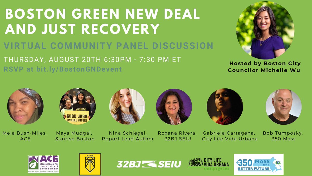 Our communities have felt the impacts of climate change for years now. It's time for us to get serious &amp; pass a local Green New Deal. Join <a href="/32BJSEIU/">32BJ SEIU /// #BuildingJustice 🧹✊🏽</a> VP, Roxana Rivera, and local leaders for the #BostonGND and #JustRecovery virtual discussion! RSVP here: bit.ly/BostonGNDevent.