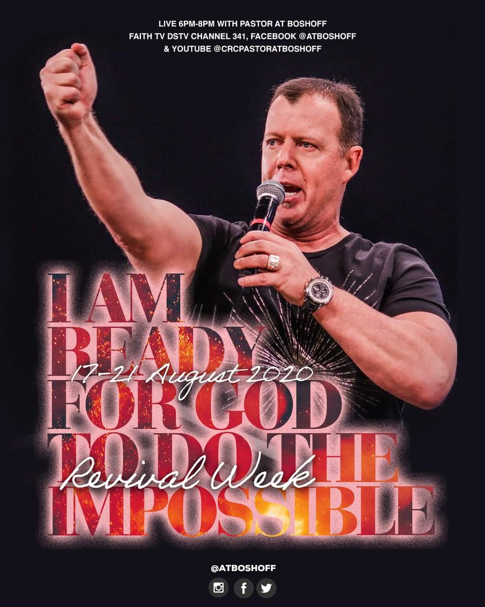Ps Don Phillips &amp; Ps Chris Mathebula will be joining us! Revival week streaming live on social media &amp; Faith TV DStv channel 341! Come ready and remember we will end off the night with communion!

Ps <a href="/AtBoshoff/">Adriaan Boshoff</a> @CRCMain <a href="/CRCZone7/">CRC Pta Zone 7</a>

#Heaven2020 #Revival #Communion #CRCThePlaceToBe