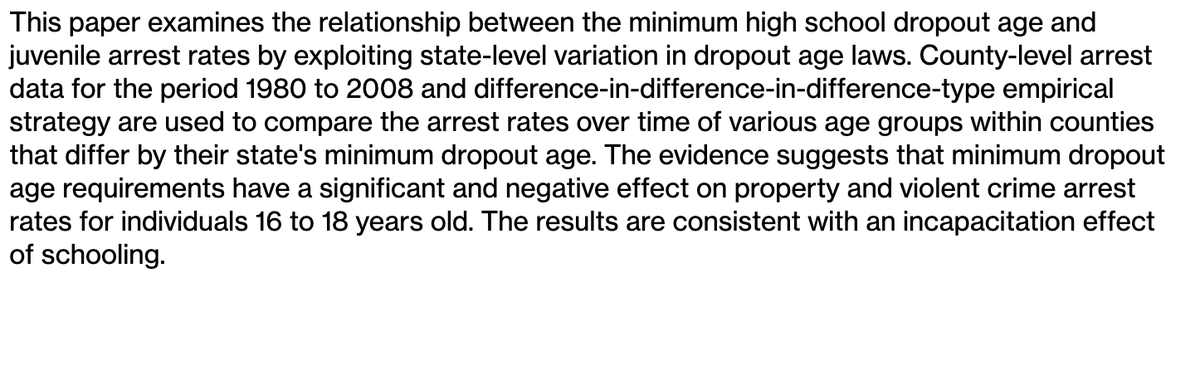 First, if you give kids a structured and supervised way to spend their time, you reduce violent crime.E.g., raising the school dropout age from 16/17 to 18 reduces violent crime arrests for 16-18 yr olds: https://www.mitpressjournals.org/doi/10.1162/REST_a_00360
