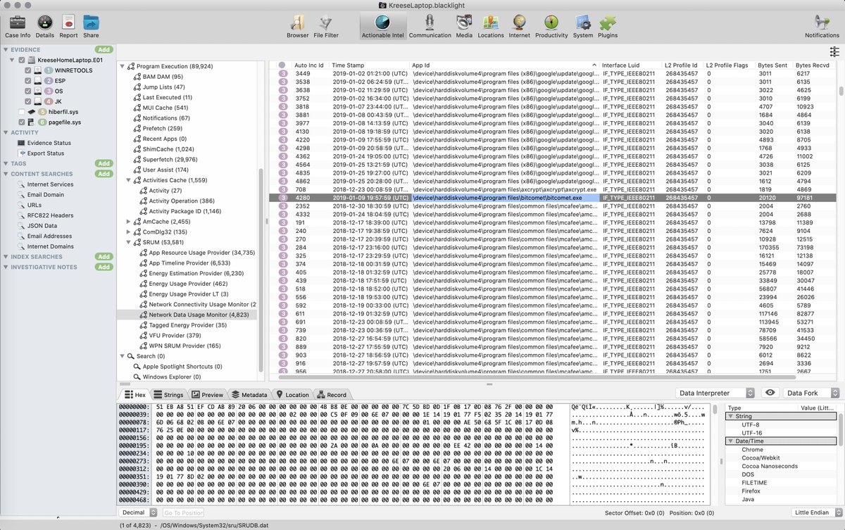 cybr4n6's tweet photo. Being timely, yet thorough in your forensic analysis is always the challenge. Parsed data support &amp; access to the source of the evidence is vital. Analyzing parsed SRUDB.dat records today to determine an application's network data usage by sending &amp; receiving bytes @blackbagtech https://t.co/hiGbLeMYfV