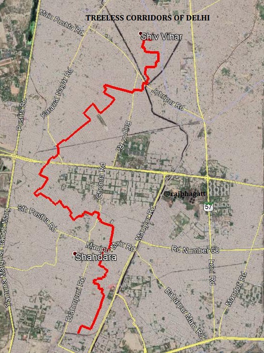 rajbhagatt's tweet photo. Concrete Wastelands of #Delhi: 

I tasked my computer to find a route between New Seelampur (Shahdara) n Shiv Vihar touching least amount of trees. One of the solutions is shown below

If we travel in this route, we would touch only 2 #trees while having travelled 11 Kilometers! https://t.co/eIPuxRzoVw