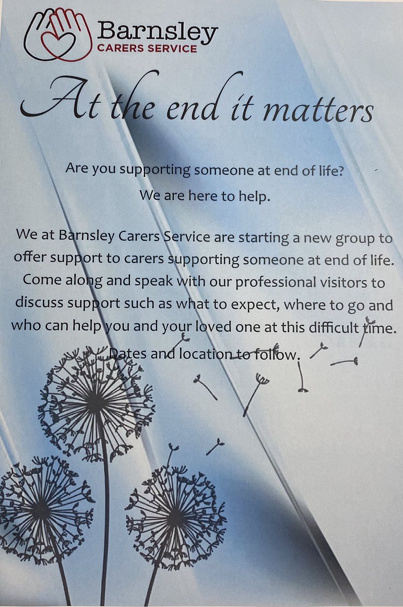 Barnsley Carers Service (@barnsleycarers) on Twitter photo Our new end of life group starts in September. Carers and professionals welcome, please email Tara.Ramsden@makingspace.co.uk if you are interested in attending 💜 Our new end of life group starts in September. Carers and professionals welcome, please email Tara.Ramsden@makingspace.co.uk if you are interested in attending 💜