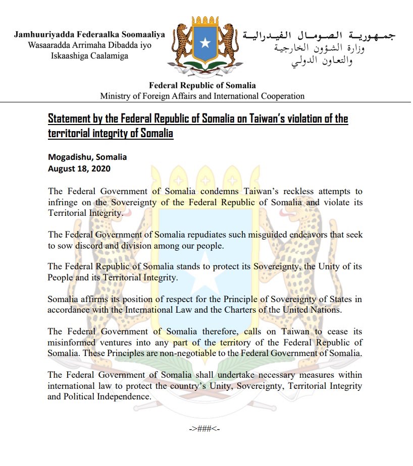 HarunMaruf's tweet photo. Somalia condemns Taiwan's reckless attempts to infringe the country's sovereignty &amp; violate its territorial integrity, according to statement by the federal government. The statement followed after Taiwan opened a representative office in Hargeisa, Somaliland. https://t.co/kJxk4Q4dNR