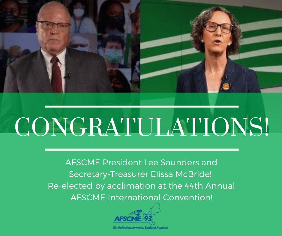 AFSCME93's tweet photo. Council 93 congratulates @AFSCME Pres. Lee Saunders and Sec-Treas. Elissa McBride on being re-elected to serve our members and all working people for four more years!
#NeverStronger https://t.co/mRb3z2Y13h