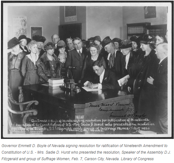 NEVADA (February 7, 1920)Nevada's Anne Martin was the first woman to run for the U.S. Senate (as an independent in 1918), per KNPR (she won 18%)Nevada 1st first majority-women state legislature in U.S. history https://cawp.rutgers.edu/women-state-legislature-2020 https://twitter.com/greggiroux/status/1225868068599029760?s=20