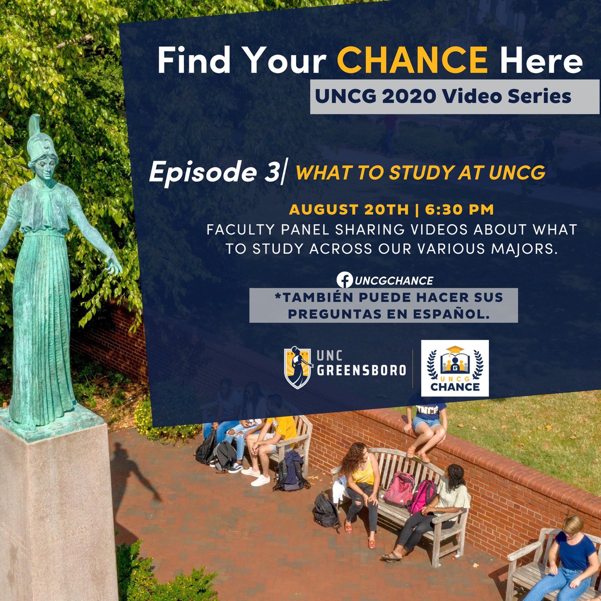 Episode 3 of Find Your CHANCE Here is just days away! Be sure to join us this Thursday on Facebook Live as we partner with UNCG Faculty to discuss what majors we offer and how they align with your career.