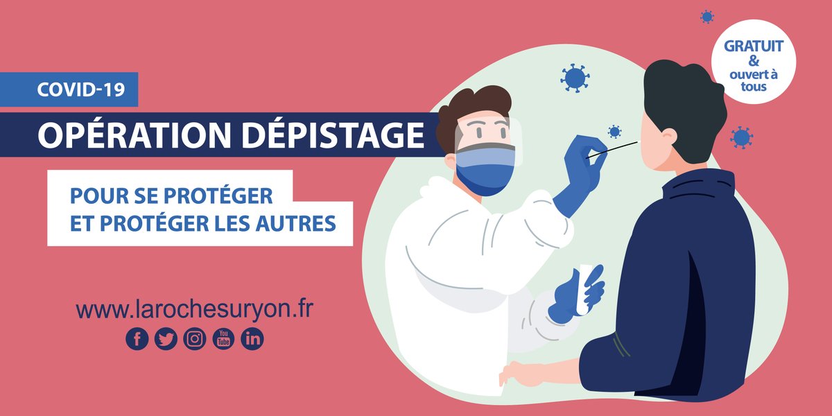 larochesuryonfr's tweet photo. 😷 4 jours de #tests gratuits sur 2 sites de @larochesuryonfr. La Ville s'associe à la campagne de dépistage du #Covid_19, organisée par l'@ars_pdl les 3, 4, 8 et 9 septembre.
⏩ https://t.co/sxor8WkuRW 
@PrefetVendee @SDIS85 @protec85 @santeprevention @MinSoliSante #CHDVendée https://t.co/BwfZjcWJ8k