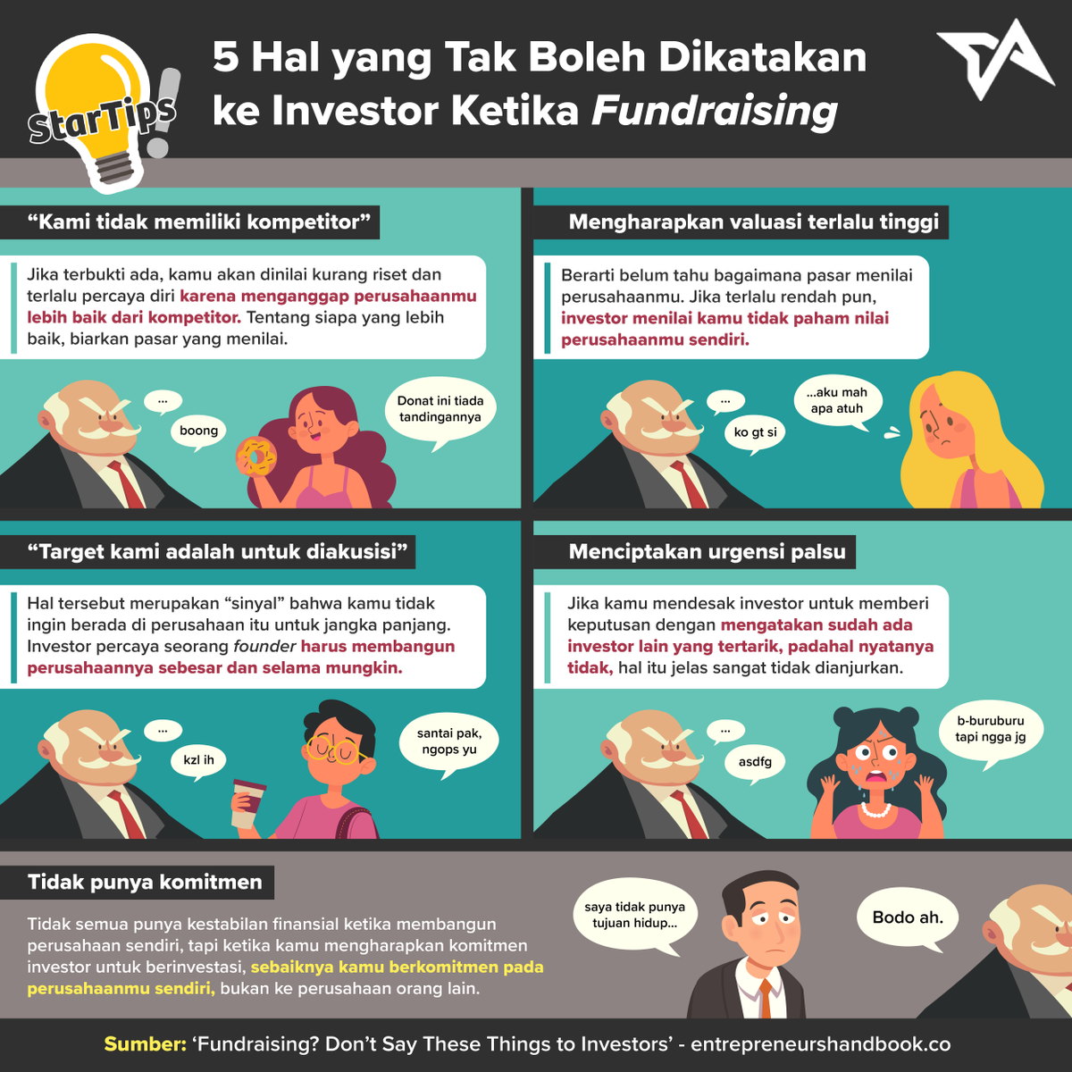 TechinAsia_ID's tweet photo. Jika saat ini kamu sedang dalam tahap fundraising, pastikan untuk tidak mengatakan 5 hal ini kepada investor.
Oh iya, bagi yang ingin memperkenalkan startupmu di kolom komentar juga boleh lho.
#Fundraising #Startuplife #TechinAsiaID https://t.co/kDkNwP2Nix