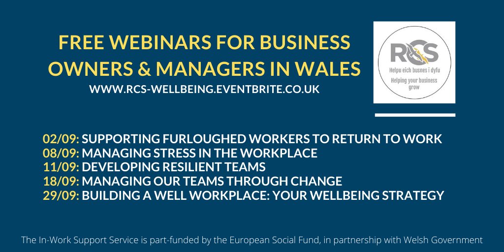 RCSwales's tweet photo. We have lots of new webinars available: Managing Change, Building Resilient Teams, Workplace Wellbeing Strategy, Manging Stress..
Have ideas of others you'd like to see? Just let us know! Hope to see you all on zoom - book your free places here: https://t.co/uJ5Avl51uQ https://t.co/JRl6n0SjsR