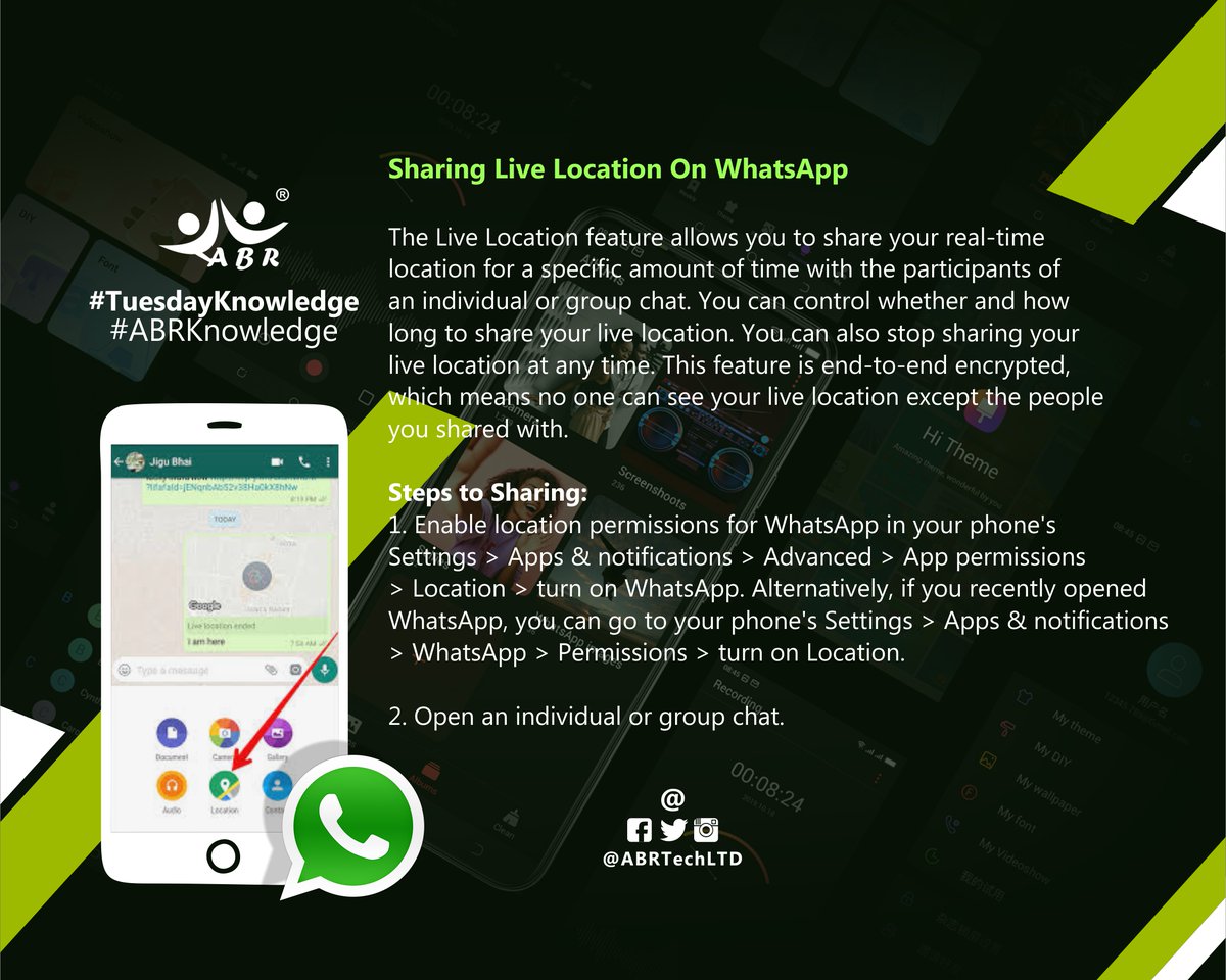 ABRTechLTD's tweet photo. Sharing Live Location On WhatsApp
The Live Location feature allows you to share your real-time location for a specific amount of time with the participants of an individual or group chat.
1/6
#TuesdayKnowledge
#ABRKnowledge https://t.co/FUrhKPQjUx