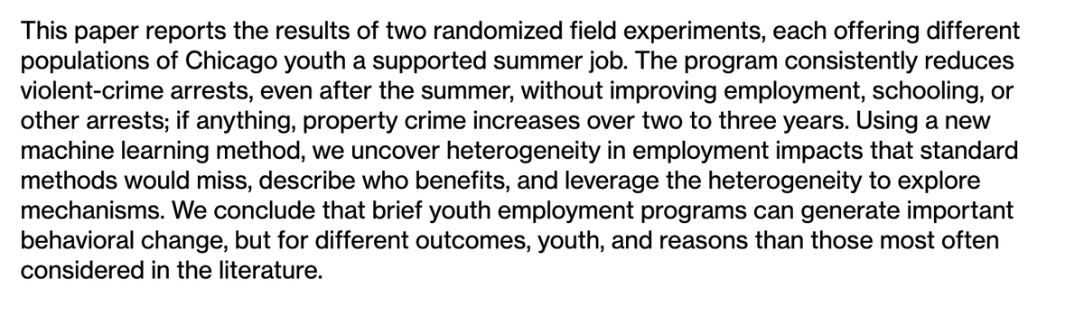 E.g. more evidence that summer jobs reduce youth violent crime:  https://www.mitpressjournals.org/doi/abs/10.1162/rest_a_00850
