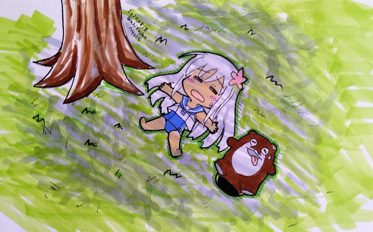 艦これ 木陰で昼寝するも 暑すぎて寝付けないろーちゃんと謎の生物 艦これ版深夜の真剣 アヒルちゃんのイラスト 艦これ 木陰で昼寝するも 暑すぎて寝付けないろーちゃんと謎の生物 艦これ版深夜の真剣 アヒルちゃんのイラスト