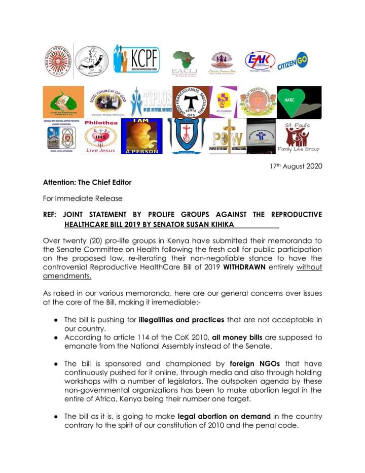 CharleeOddie's tweet photo. The 20 pro life groups cojoined together with @CitizenGOAfrica and issued a statement on the Abortion Bill by @susankihika at the @Senate_KE. As per the highlighted reasons, the facts are both derived from the constitution. Abortion shouldn't be legalized #JointProlifeStatement https://t.co/8uSkRHmxrE