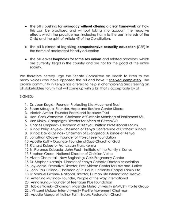 CharleeOddie's tweet photo. The 20 pro life groups cojoined together with @CitizenGOAfrica and issued a statement on the Abortion Bill by @susankihika at the @Senate_KE. As per the highlighted reasons, the facts are both derived from the constitution. Abortion shouldn't be legalized #JointProlifeStatement https://t.co/8uSkRHmxrE
