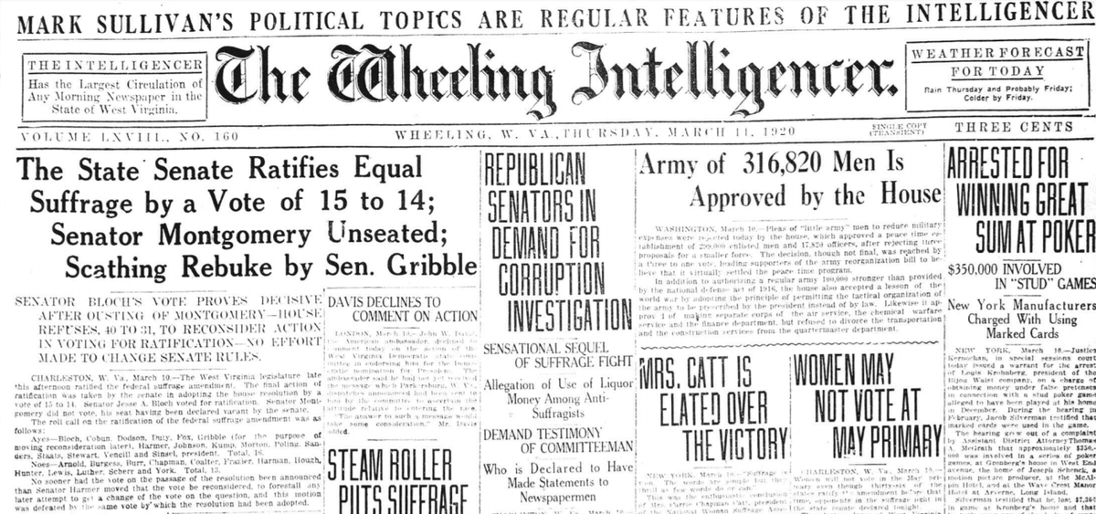 WEST VIRGINIA (March 10, 1920)WV Senate passed it after pro-suffrage Sen. Jesse Bloch rushed to Charleston from California vacation to break deadlock. Bloch took train; RNC offered plane but his wife didn’t want him to fly. https://www.wvpublic.org/post/west-virginia-ratifies-19th-amendment#stream/0